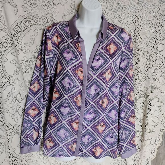 Women's XL MNG By Mango Button Front V neck Blouse Retro Plaid - Picture 1 of 12